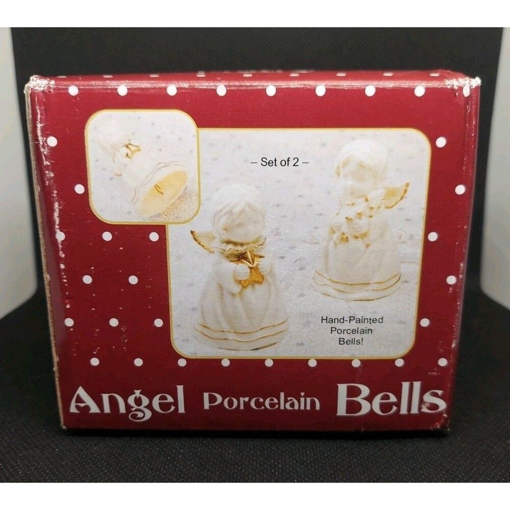 Vintage Giftco 1970s Set of 2 Angel Bells Porcelain Hand Painted 3.5" Cream Gold